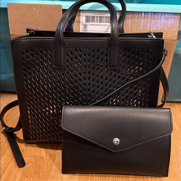 KARL LAGERFELD PARIS NOVEAU MEDIUM BLACK PERFORATED TOTE SHOULDER BAG - Picture 5 of 7